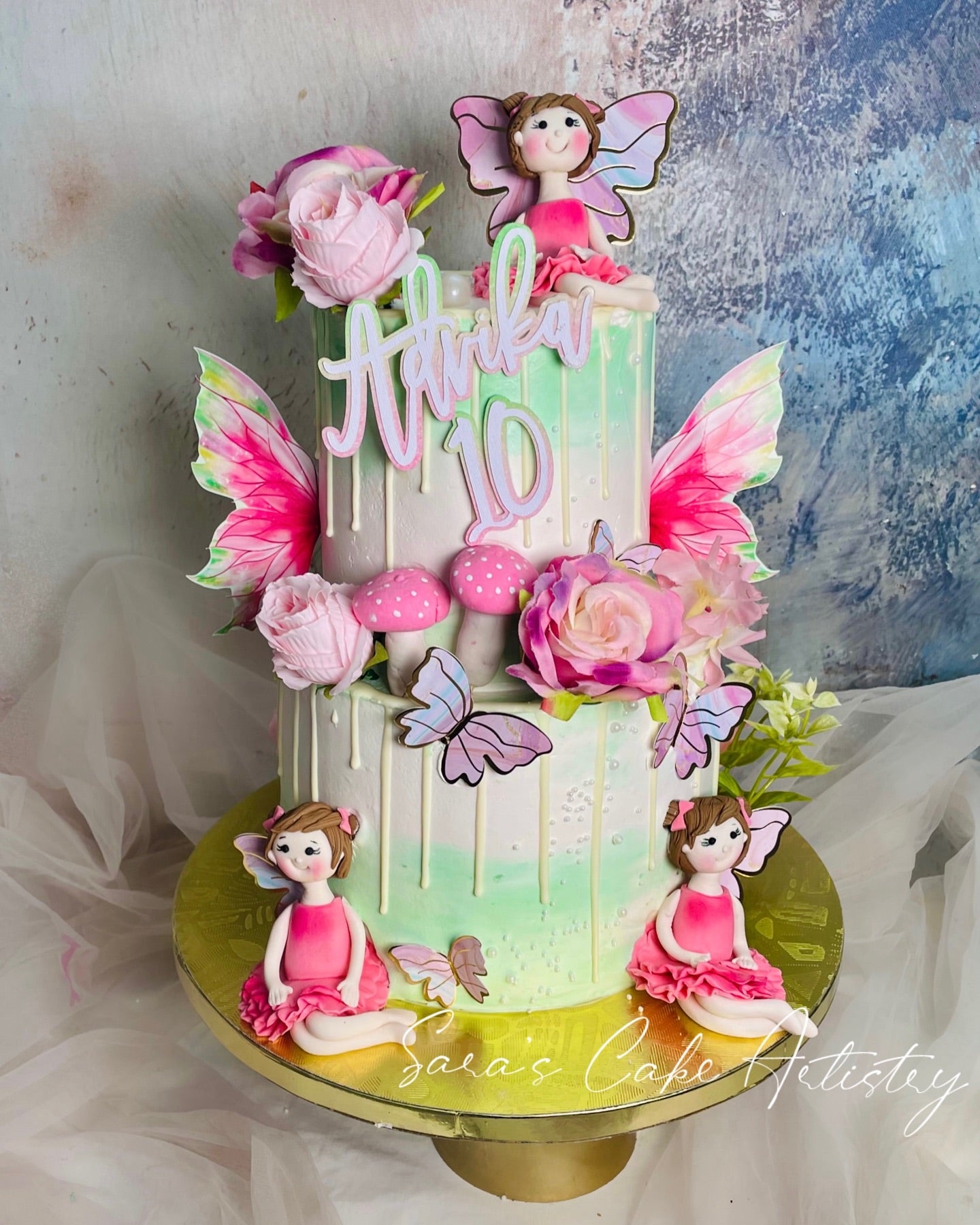 Butterfly and Mushroom Theme Birthday Cake