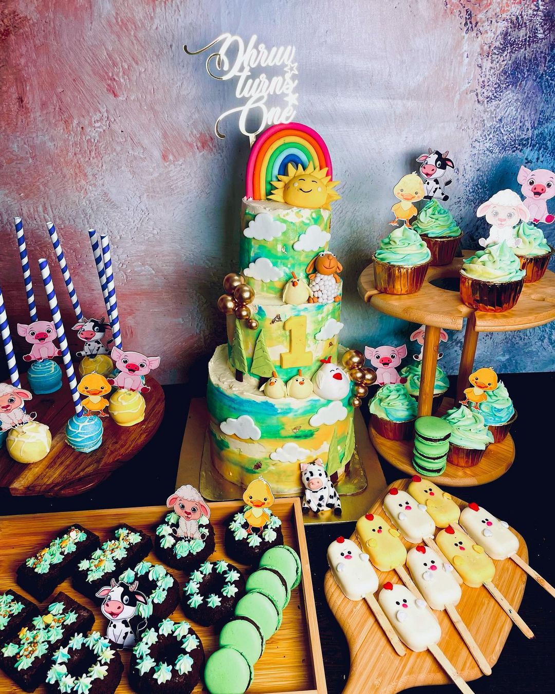 Farm Animals Theme Cake with Dessert Spread