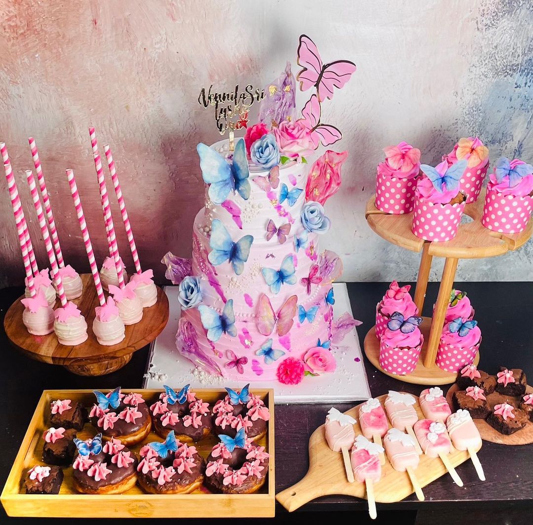 Floral Butterfly Theme Cake with Dessert Spread