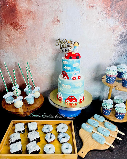 Cloud and Car Theme Cake with Dessert Spread