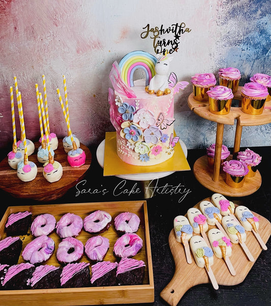 Unicorn Theme Cake with Dessert Spread